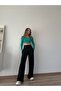 Green Square Collar Long Sleeve Corset Look Ribbed Crop Blouse - 4