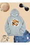 Cute Bear Printed Black Gray Hooded Kangaroo Pocket Unisex Oversize Sweatshirt