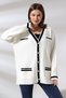 Standard Size Bone Color - Oversize Stylish Quality Great Knitwear Cardigan with Gold Buttoned Stripe Detail - 2
