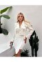Women's White Stone Button and Ribbon Detail Jacket-Skirt Design Lined Top and Bottom Set - 3