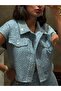 Women's Short Sleeve Snap Closure Double Pocket Sequin Sequin Embroidery Denim Jacket - 5