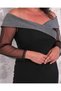 Women's Plus Size Boat Neck Tulle Long Sleeve Sim Stripe Detailed Stretchy Midi Evening Dress 24170 Black - 7