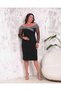 Women's Plus Size Boat Neck Tulle Long Sleeve Sim Stripe Detailed Stretchy Midi Evening Dress 24170 Black - 6