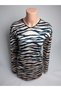 Women's Black Mink Zebra Patterned V-Neck Long Sleeve Side Slit Viscose Mother Combed Cotton T-Shirt Blouse