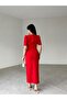Red Bow Detail Padded Shoulders Slit V-Neck Draped Long Dress - 4