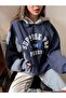 Women's Navy Blue Supposed Printed 3 Thread Hooded Detailed Sweatshirt