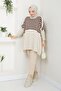 Women's Stone Brown Striped Hijab Knitwear Oversize Slit Sweater - 8