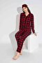 Women's Red Square Patterned Front Buttoned Mother and Daughter Suede Velvet Winter Warm Pajamas Set - 5