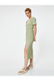 Balloon Sleeve Dress Midi Slit Detail Short Sleeve Slim Fit - 3
