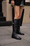 Black Women's Belted Long Leather Boots - 5