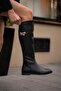 Black Women's Belted Long Leather Boots - 2