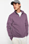 Mor Regular/Normal Kesim Dik Yaka Fermuarlı Pamuklu Basic İçi Polarlı Sweatshirt TMNAW24SW00041 - 5