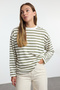 Haki Çizgili Oversize/Geniş Kesim Bisiklet Yaka İnce Örme Sweatshirt TWOAW23SW00326