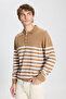 Men's VIZON-EKRU Standard Fit Regular Cut Polo Collar Striped Knitwear Sweater - 3
