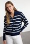 Navy Blue*001 Striped Wide Fit Turn-Down Collar Zippered Knitwear Cardigan Twoaw24Hi00072