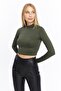 Women's Khaki Stand Collar Long Sleeve Crop Blouse - 2