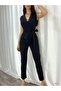 Women's Lace Double Breasted Collar Sleeveless Crepe Fabric Belted Jumpsuit Black - 4