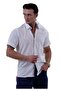 White Flared Linen Black Shawl Pattern Collar and Garni Detailed Slim Fit Short Sleeve Shirt - 4