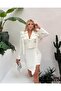 Women's White Stone Button and Ribbon Detail Jacket-Skirt Design Lined Top and Bottom Set