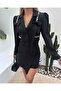 Women's Black Stone Button and Ribbon Detail Jacket-Skirt Design Lined Bottom-Top Set - 2