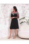 Women's Plus Size Boat Neck Tulle Long Sleeve Sim Stripe Detailed Stretchy Midi Evening Dress 24170 Black - 4