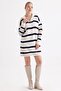 Women's Neckline Zippered Self Patterned Oversize Striped Knitwear Tunic Dress - 5