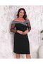 Women's Plus Size Boat Neck Tulle Long Sleeve Sim Stripe Detailed Stretchy Midi Evening Dress 24170 Black - 3
