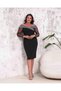 Women's Plus Size Boat Neck Tulle Long Sleeve Sim Stripe Detailed Stretchy Midi Evening Dress 24170 Black
