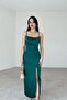 Slit Detailed Strappy Emerald Satin Dress