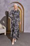 Women's Black Wrapped Fabric Patterned Belted Dress - 2