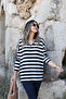 Navy Blue White Striped Bat Model Soft Blouse - 7