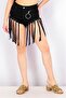 Women High Rise Fringe Hem Denim Shorts, Black