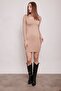 Wide Crew Neck Long Sleeve Below Knee Lycra Fabric Dress-Camel - 3