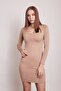 Wide Crew Neck Long Sleeve Below Knee Lycra Fabric Dress-Camel - 2