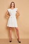 Crepe Fabric Lightweight Lycra Boat Neck Sleeves Flounce Waist Lace Skirt Flared Office Dress - Cream