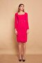Lycra Crepe Fabric Square Collar Long Sleeve Waist Accessory Belted Front Slit Office Dress - Fuge - 2