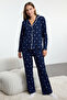 Lacivert %100 Pamuklu Kış Temalı Biyeli Örme Pijama Takımı THMAW25PT00083