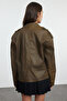 Kahverengi Oversize Kalıp Yıkama Efekctli Suni Deri Biker İnce Ceket Mont TWOAW25MO00010 - 10