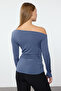 Indigo Büzgü/Drape Detaylı Fitted/Vücuda Oturan Uzun Kollu Esnek Örme Bluz TWOAW25BZ00248 - 5