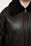 Kahverengi Oversize Kalıp Peluş Detaylı Biker Büyük Beden Ceket Mont TBBAW25AW00001 - 9
