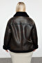 Kahverengi Oversize Kalıp Peluş Detaylı Biker Büyük Beden Ceket Mont TBBAW25AW00001 - 10