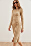 Women's Beige Button Detailed Slit Midi Stretchy Dress Elb-19002256 - 4