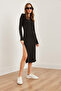 Women's Black Side Deep Zip Slit Stretchy Midi Dress Elb- 19002257 - 2