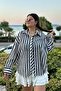 Black Color Collar Stone Detailed Seersucker Textured Striped Shirt - 2