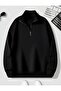 Black Men's Holycat Back Print Detailed Stand Collar Half Zipper Plain Pullover Sweatshirt - 2