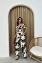 Black Leaf Patterned Seersucker Fabric Trousers Crop Double Set - 2