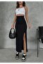 Women's Black Diving Fabric Slit Long Skirt Maxi Length 92 Cm