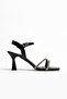 Black Leather Double Band Stone Heeled Shoes - 2
