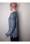 Women's Navy Blue Print V-Neck Long Sleeve Seasonal Suede Mother Combed Cotton T-Shirt Blouse with Slits on the Sides - 6