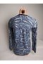 Women's Navy Blue Print V-Neck Long Sleeve Seasonal Suede Mother Combed Cotton T-Shirt Blouse with Slits on the Sides - 3